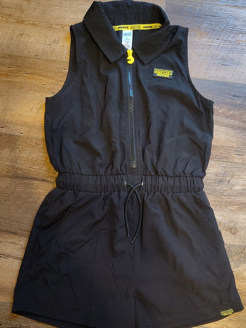Justice Pac Man Girl's Black Sleeveless Zip-Front Romper with Yellow Accents LG